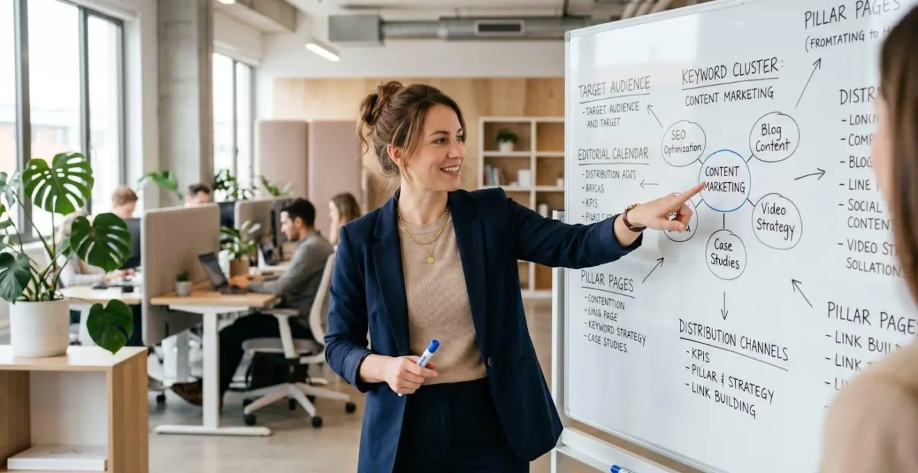 Responsable marketing examinant un plan de contenu SEO avec des notes sur un tableau blanc